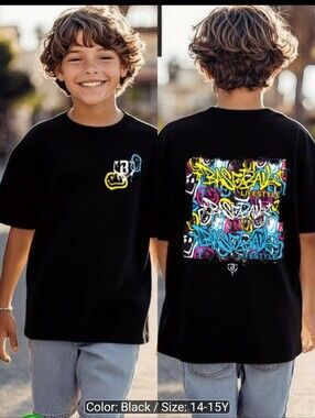 Black Baseball Graffiti-Print Kids T-Shirt - Lifestyle Graphic Tee XL